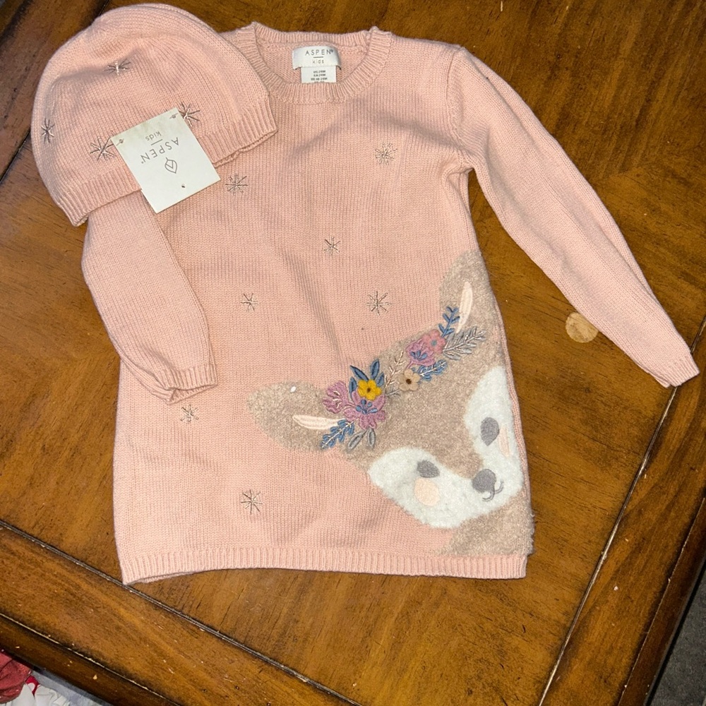 NWT: Aspen Kids Pink Fox Dress and Hat Set